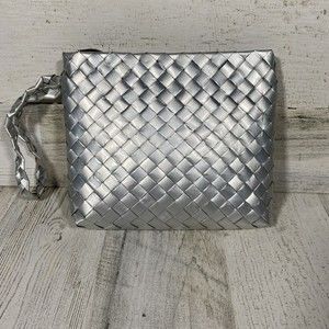 REBAGZ Silver Recycled Materials Wristlet Purse Mini Makeup Bag Travel Repurpose